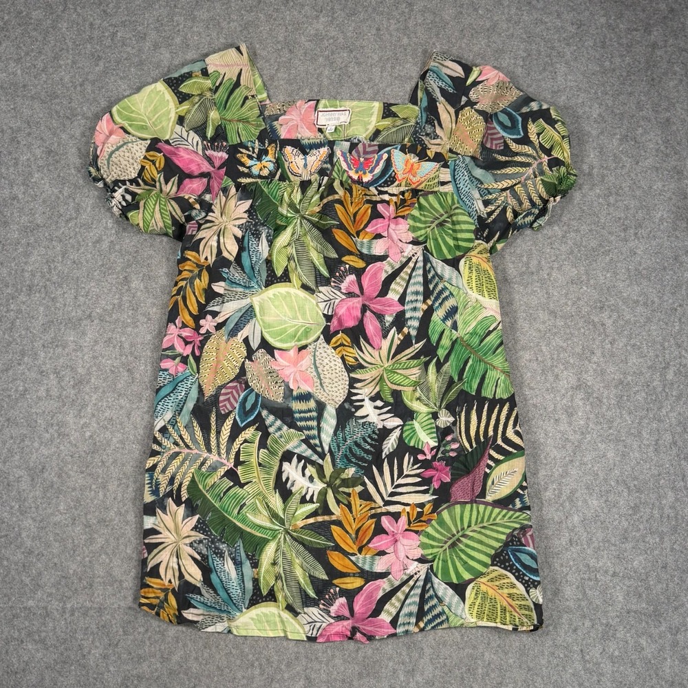 Johnny Was White Lotus Tropical Short Puff Sleeve Mini Dress Women's Size XL